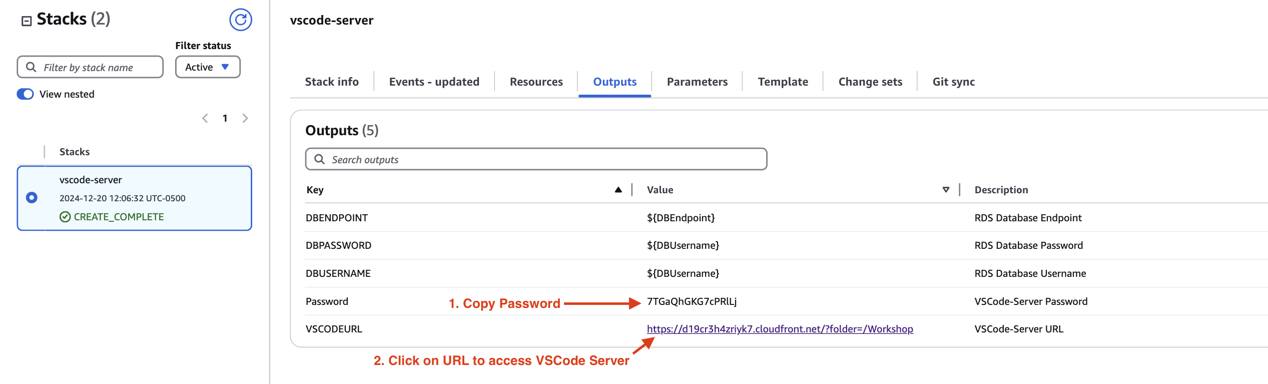 CloudFormation Outputs Tab